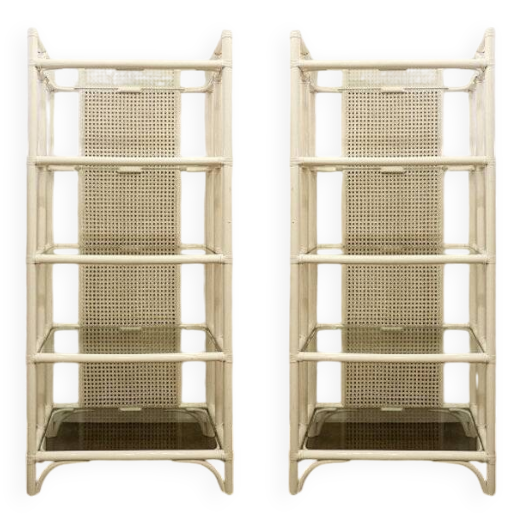 Pair of Lacquered canework shelves, Bamboo and Glass, 1980s - Italy
