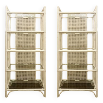 Pair of Lacquered canework shelves, Bamboo and Glass, 1980s - Italy