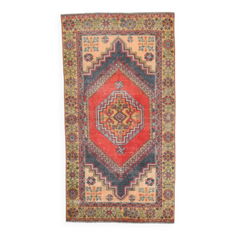 Tapis oriental vintage rouge bleu marine 3x6, 106x201 cm