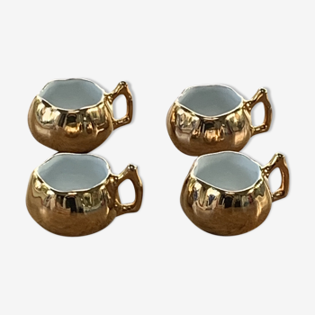 Set de 4 petites tasses barbotine céramique émaillée or et blanche vintage