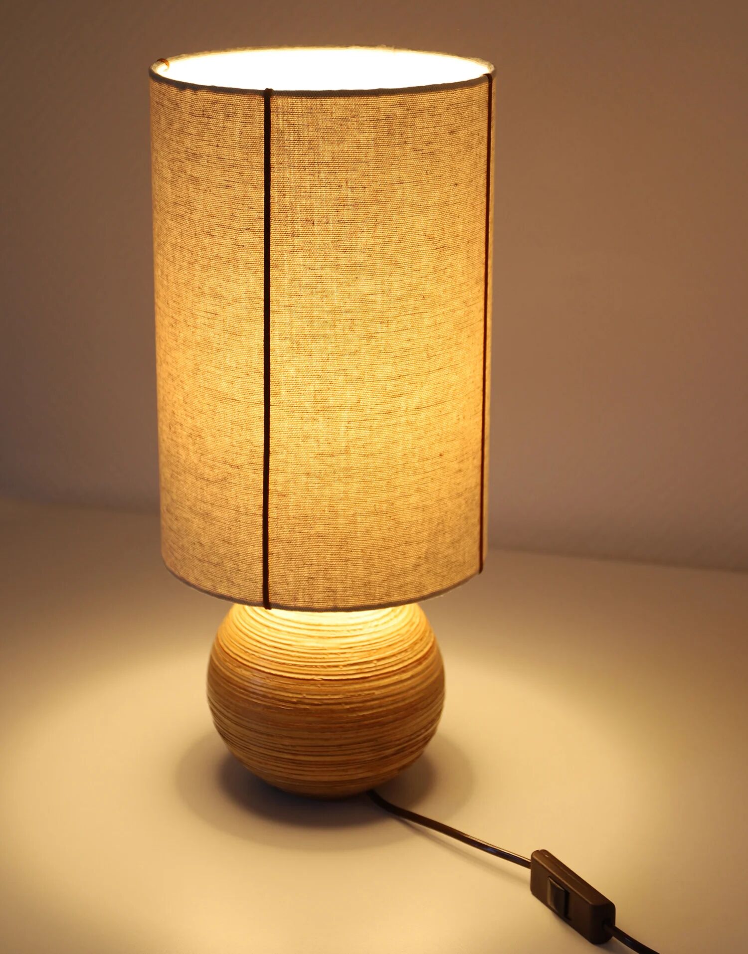Recycled vintage lamp — honey ceramic base, natural linen shade