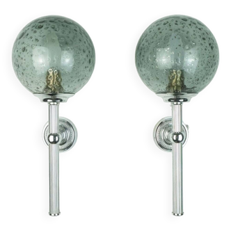 pair of elegant vintage WALL LIGHTS sconces smoked glass and chrom art déco style 1960s 70s