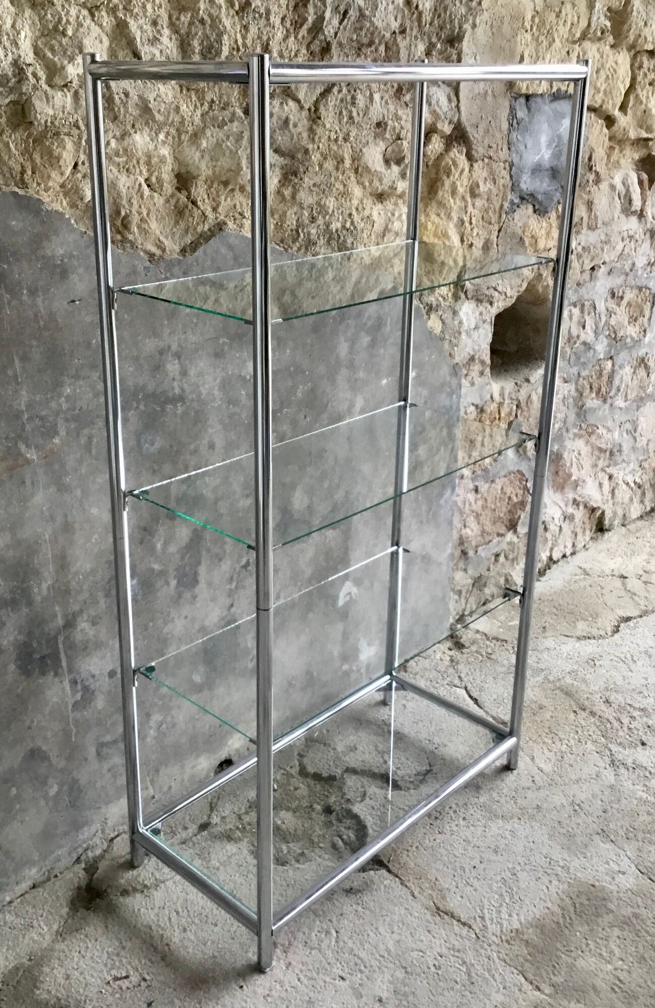 Shelf on chromed metal legs and glass tops 1970