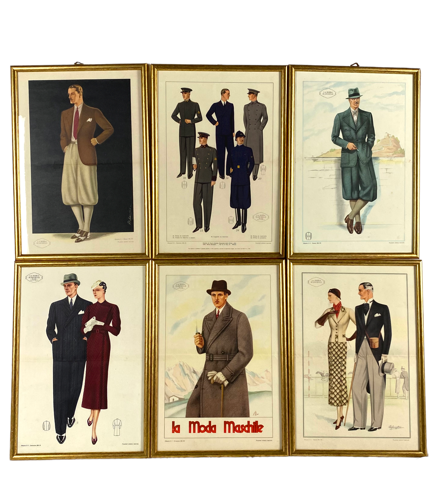 'La Moda Maschile', Set of 6 framed original illustrations of men's fashion from the 30s, Italy 1930