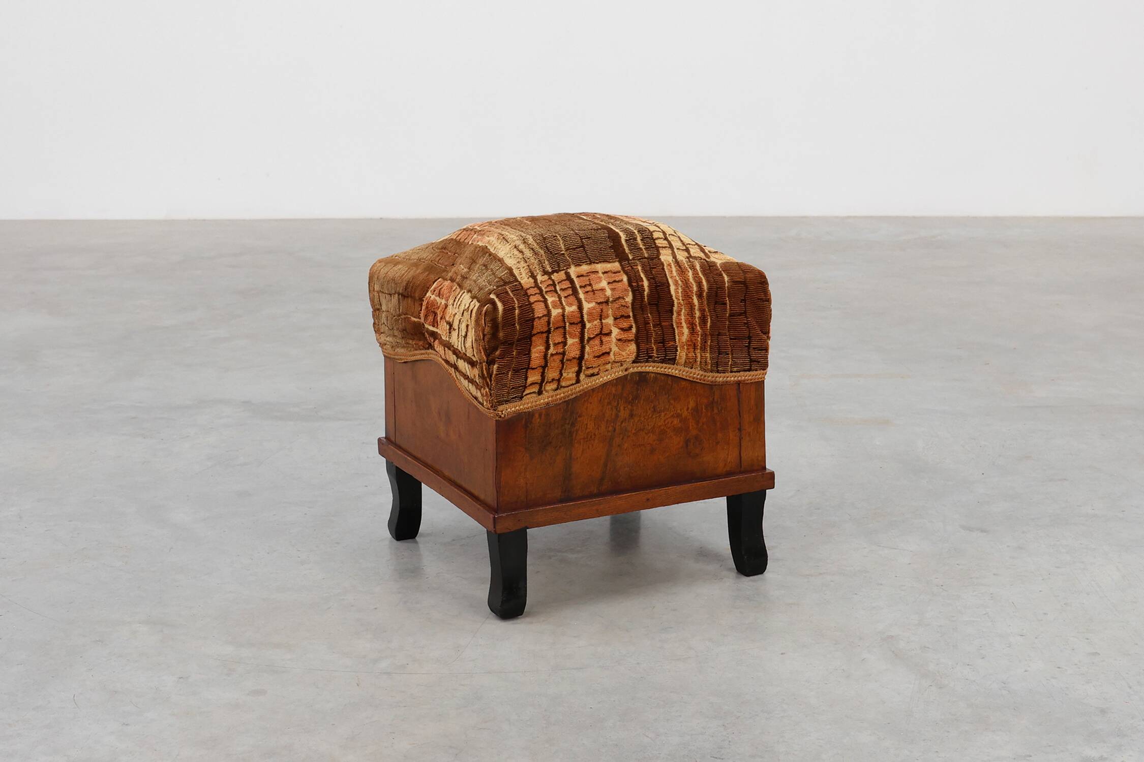 Art Deco walnut stool with original velvet upholstery, Italy 1920s