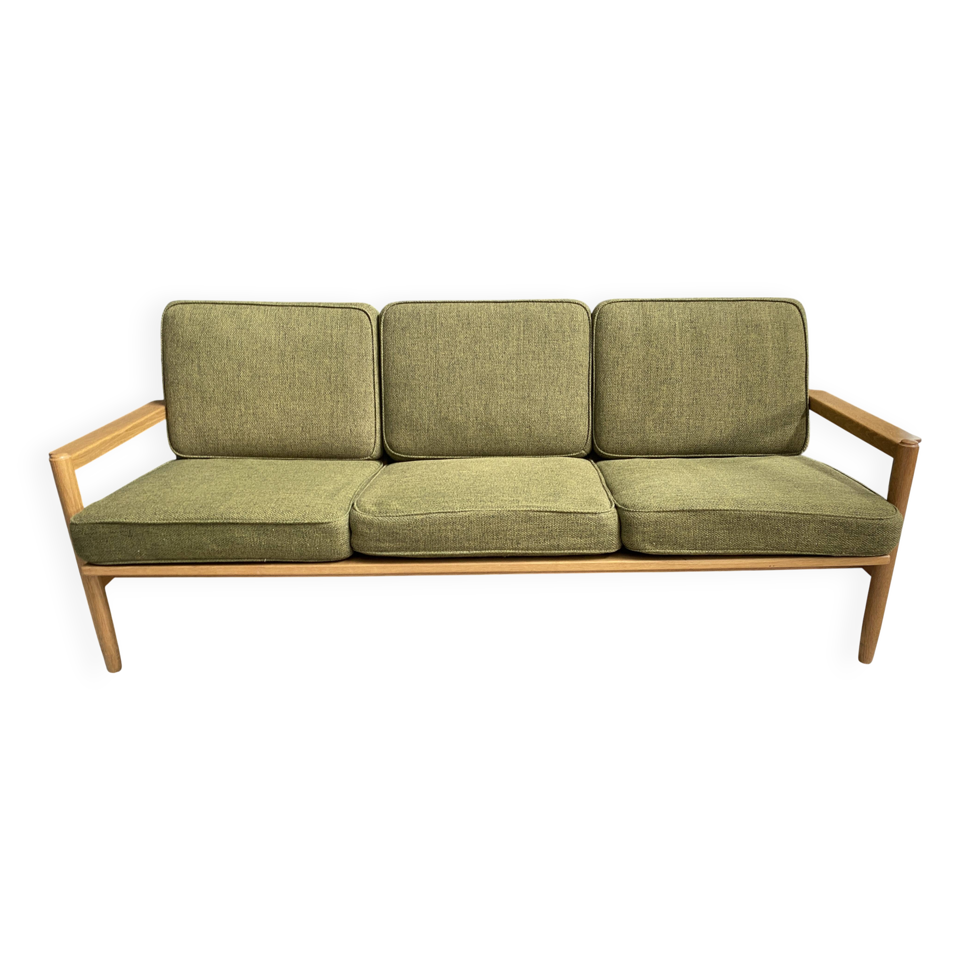 green fabric and wood 3 seat sofa 1960s