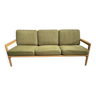 canapé 3 places en tissu vert et bois années 1960