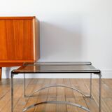 Rectangular coffee table in chrome and smoked glass, arched legs, Space Age, Design, 1970