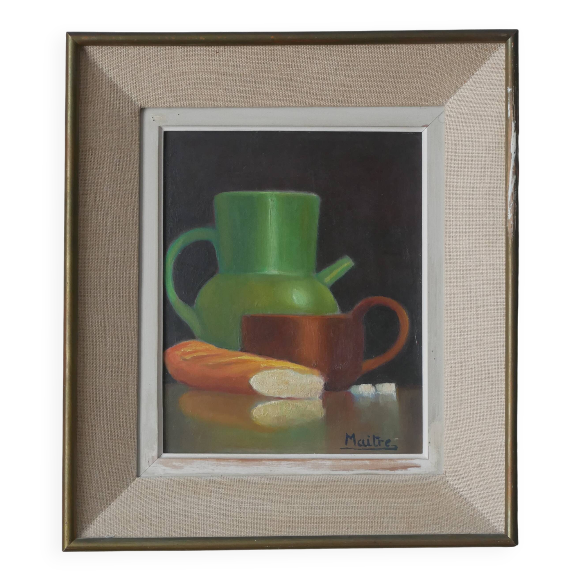 Painting still life old frame countryside decoration signed oil wooden panel lunch