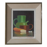 Painting still life old frame countryside decoration signed oil wooden panel lunch