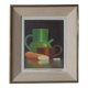 Tableau peinture nature morte cadre ancien décoration campagne signé huile panneau de bois déjeuner