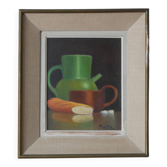 Tableau peinture nature morte cadre ancien décoration campagne signé huile panneau de bois déjeuner