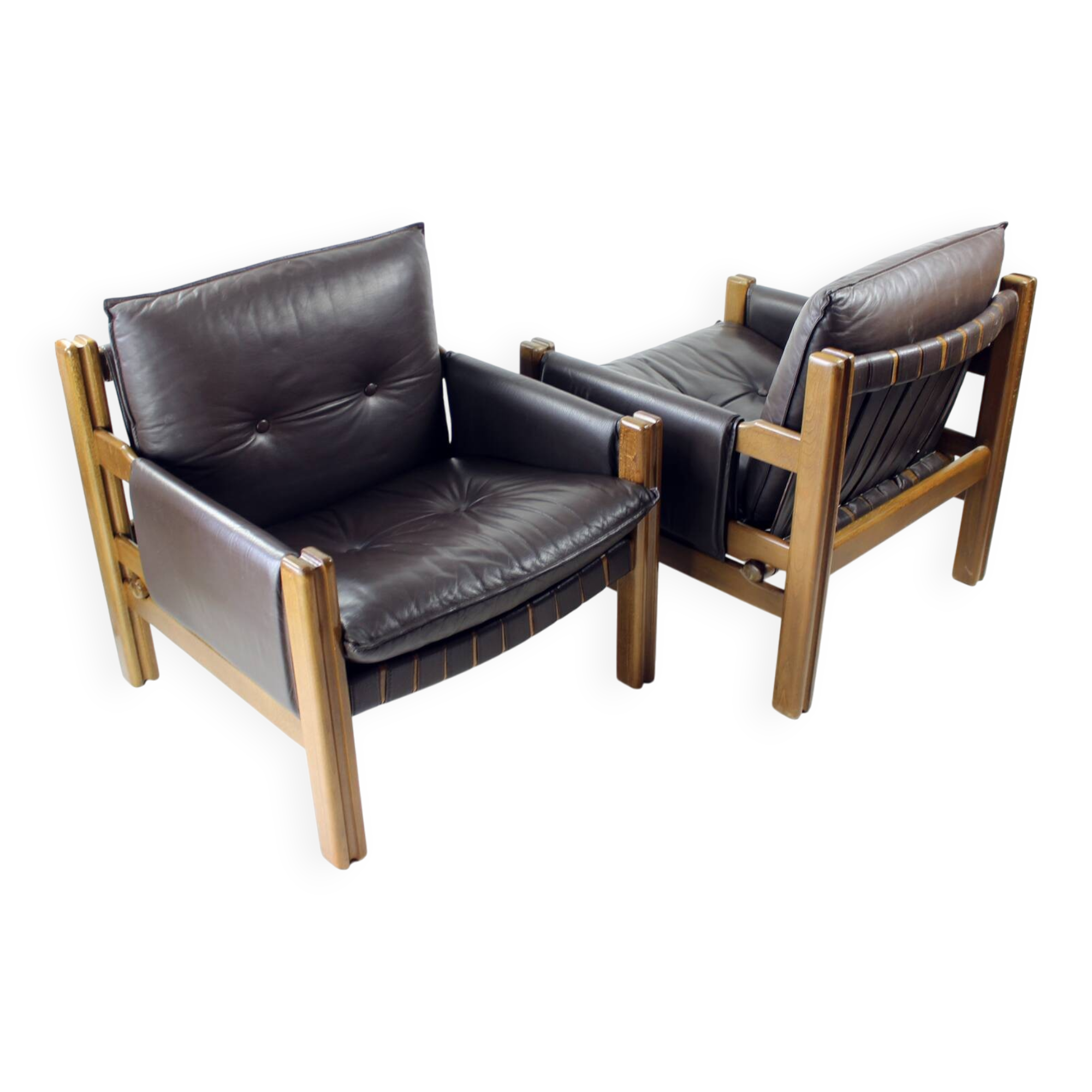 Lot de 2 chaises longues en cuir marron et noyer par Ton, Tchécoslovaquie