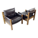 Lot de 2 chaises longues en cuir marron et noyer par Ton, Tchécoslovaquie