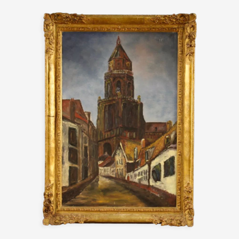 Dutch signed painting View of cathedral from 20th century