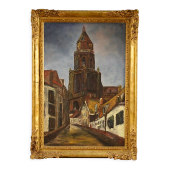 Peinture signée hollandaise Vue de la cathédrale du 20ème siècle