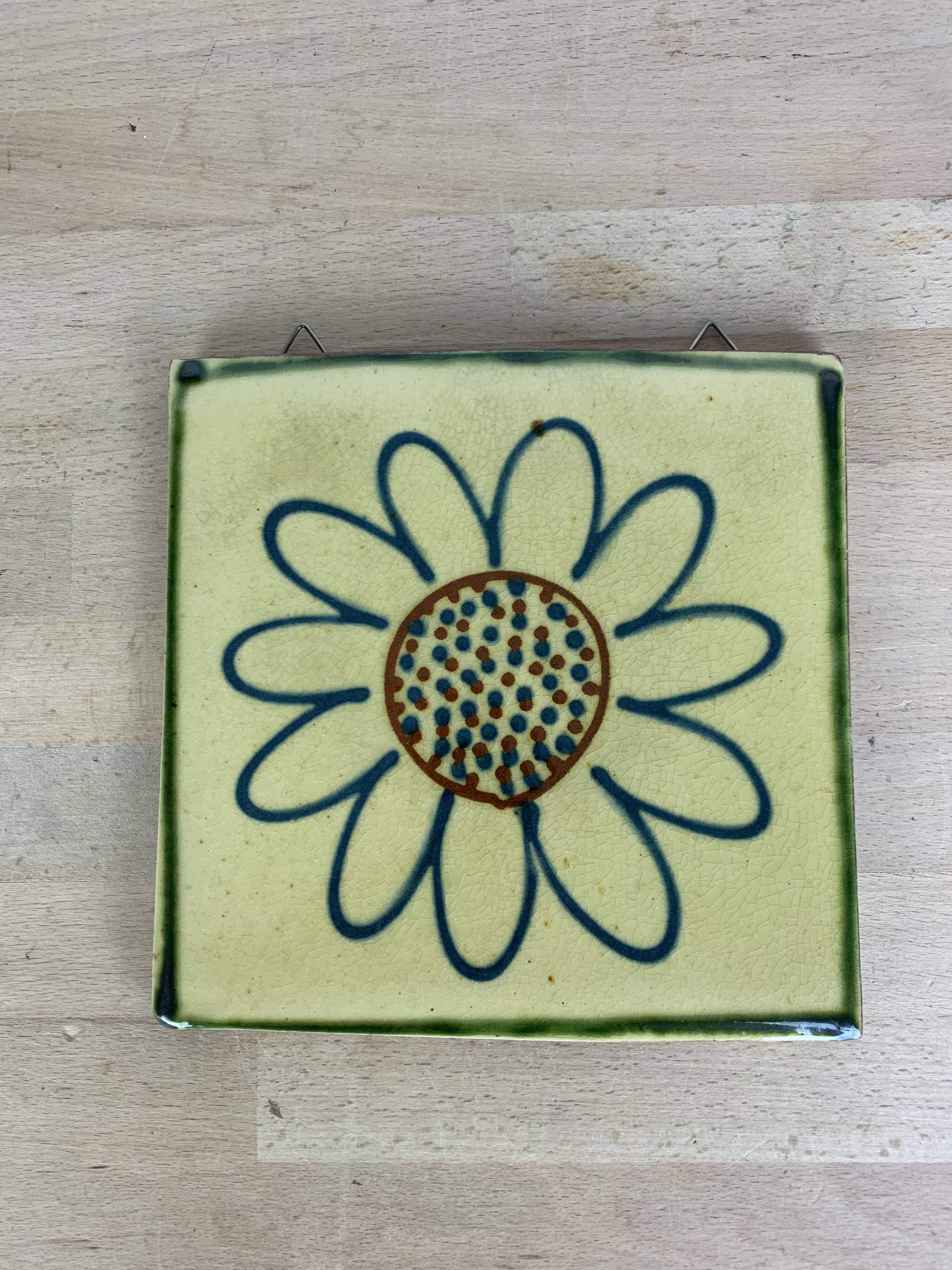 70s ceramic tile flower trivet, wall decoration