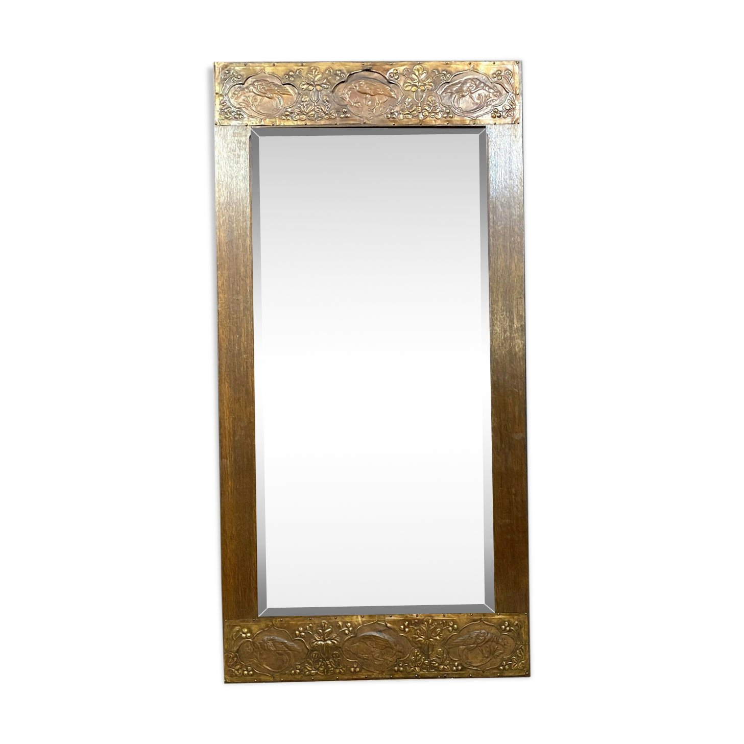 Mirror era art Nouveau in natural wood and copper pushed back - 188x92cm