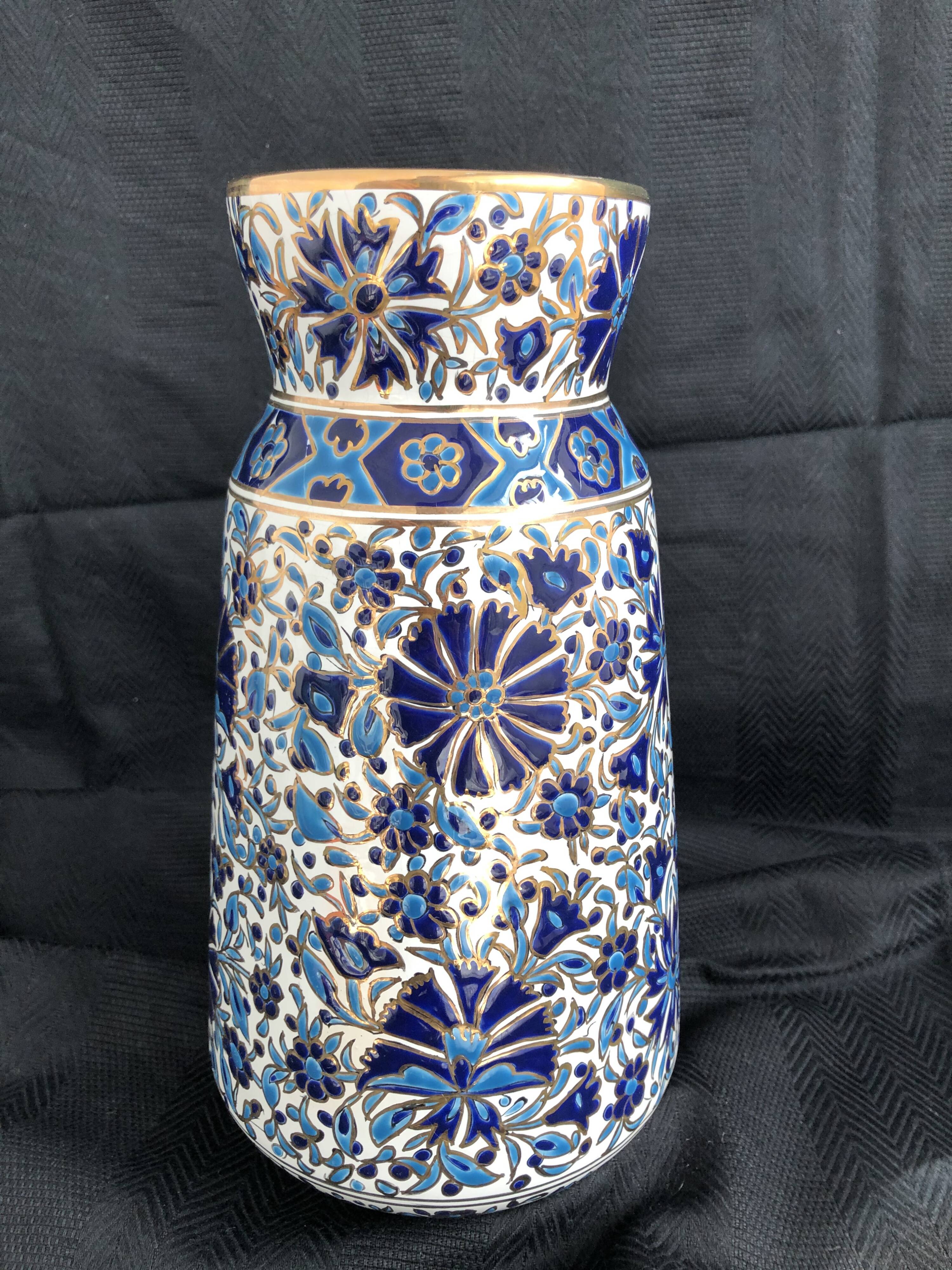 Vase grec vintage Nassos Hellas Rodos or bleu et blanc