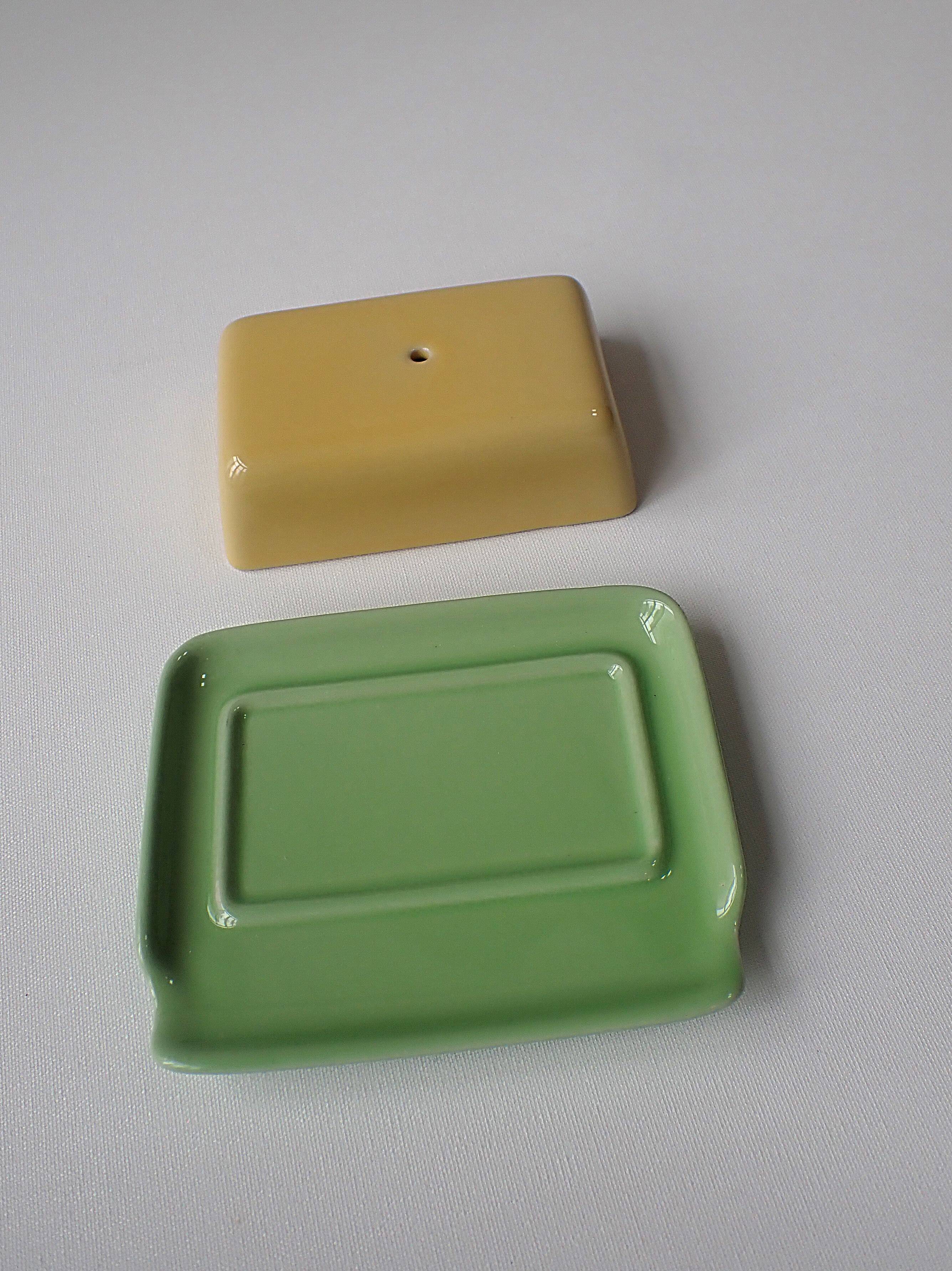 Small vintage ceramic butter dish - green and yellow