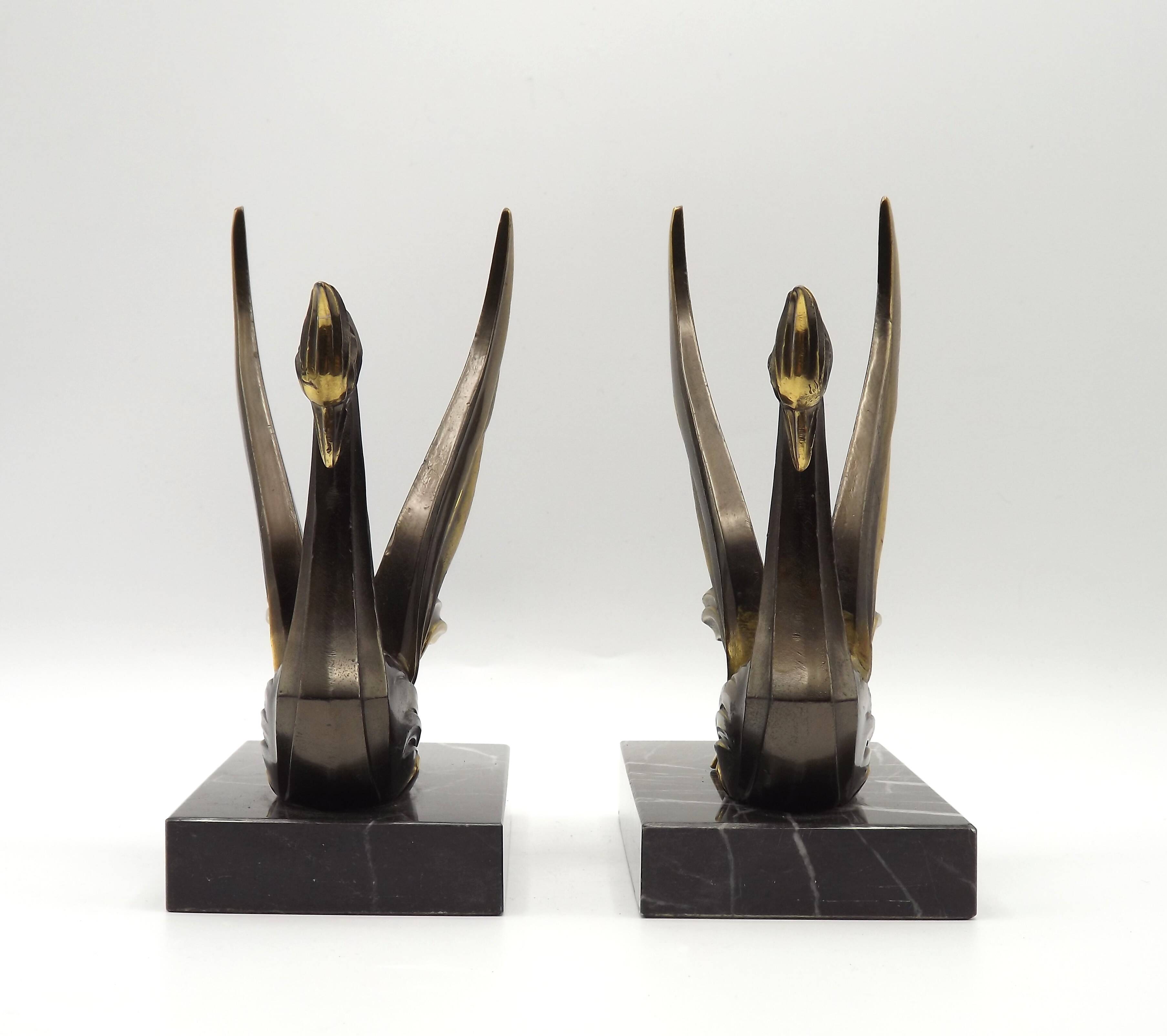 French Art Deco Bronzed Effect Spelter Swan Book Ends Black Marble Base