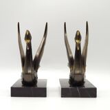 French Art Deco Bronzed Effect Spelter Swan Book Ends Black Marble Base