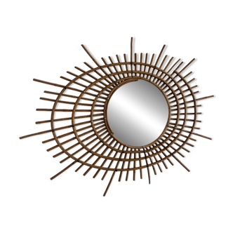 Miroir vintage 1960 soleil rotin style ORTF spirale oeil - 90 x 67 cm