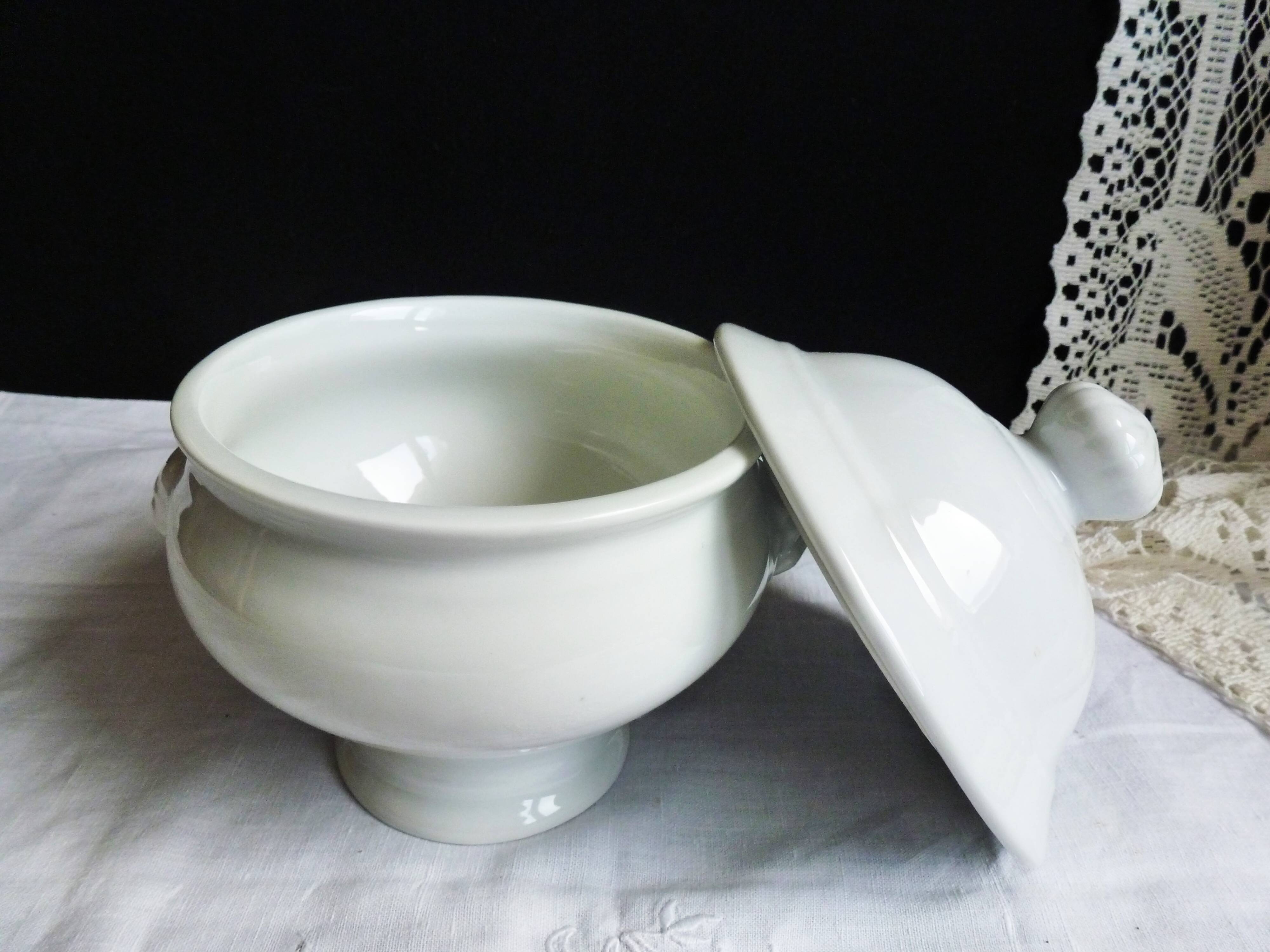 White onion soup bowls with lids, French soup bowls.