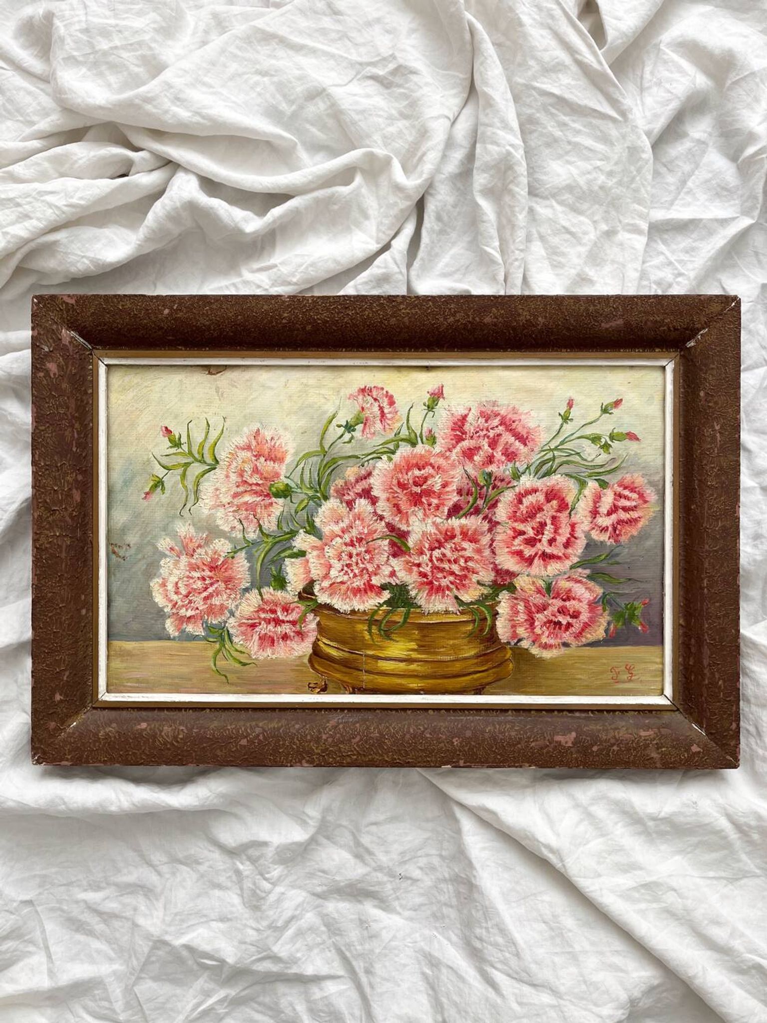 Antique oil painting on cardboard, bouquet of carnations, signed and dated 1899