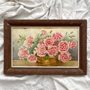 Antique oil painting on cardboard, bouquet of carnations, signed and dated 1899