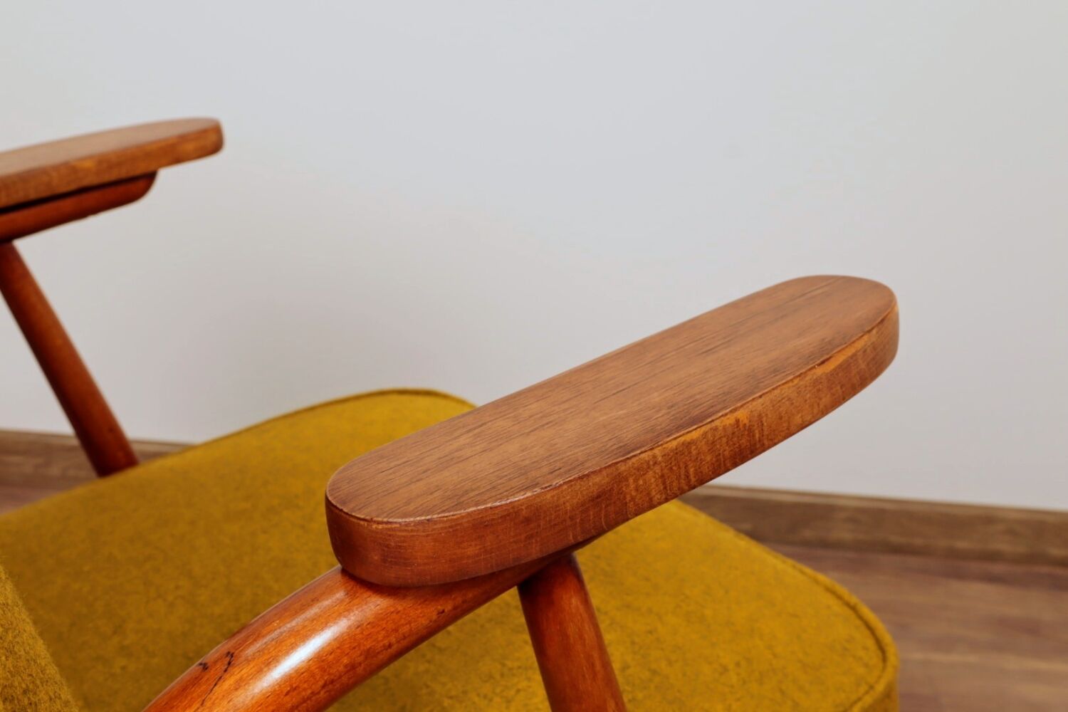 MID Century Armchair Ocher Yellow Wool, Turned Legs, 1960s