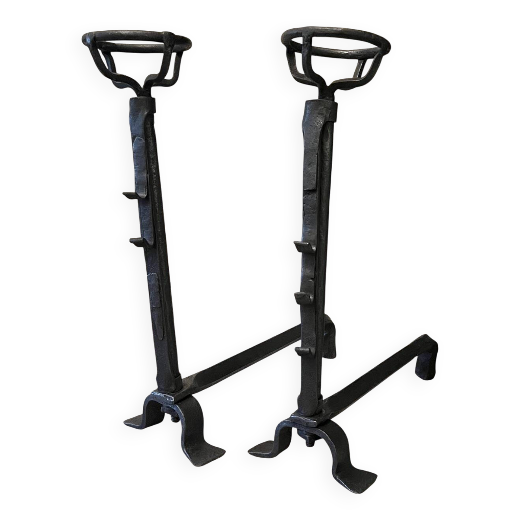 Pair of 18th century wrought iron andirons, log-carrying andirons