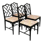 Ensemble de 4 chaises de salle à manger en faux bambou laqué noir, style Hollywood Regency, années 1970.