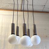 Cascade suspension with 5 chrome metal lights and opaline globes - 1970s