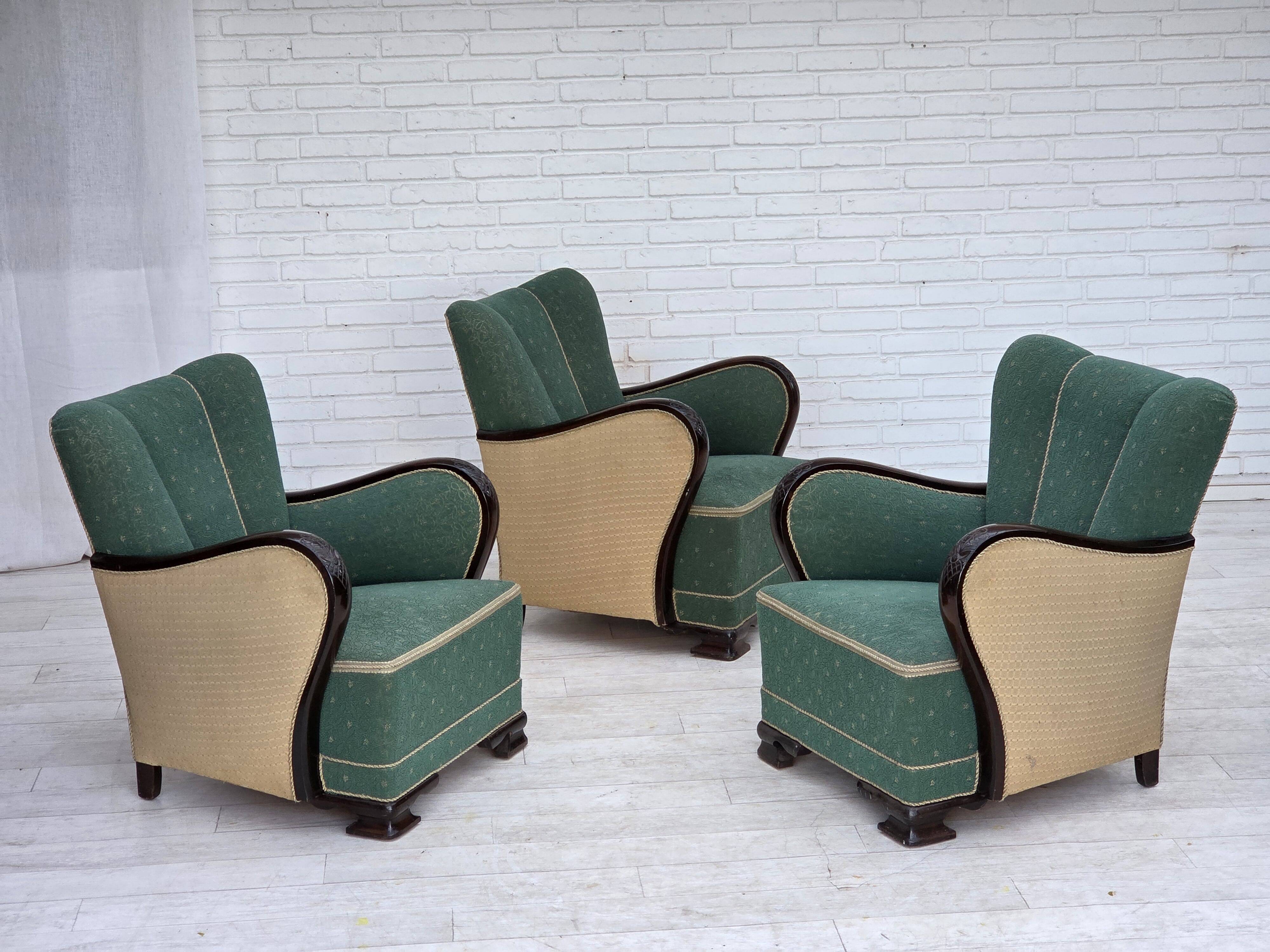 1960s, Danish armchair, green and beige furniture wool.