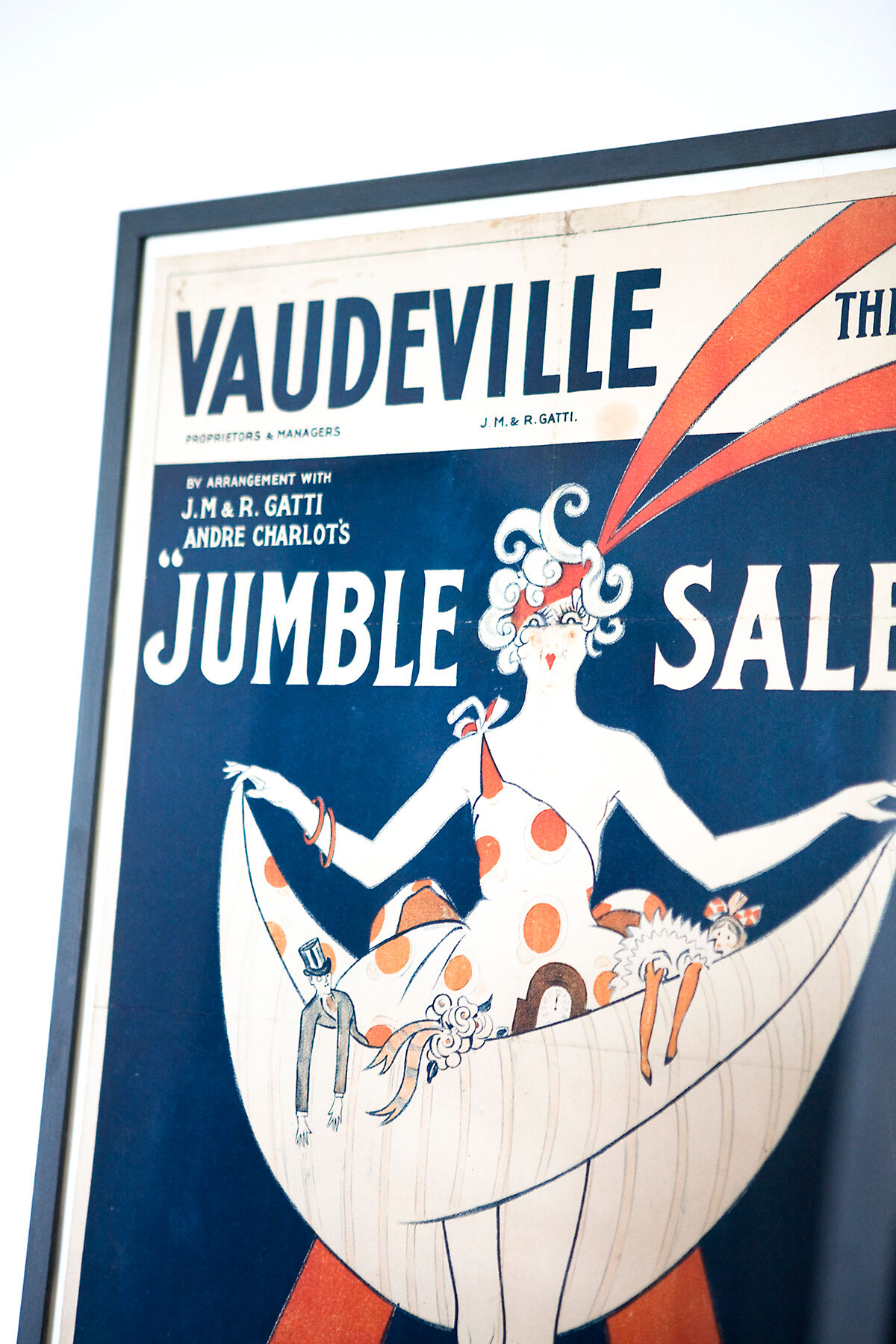 Original, framed, vintage poster, wall art, London's Vaudeville Theatre poster for the show "Jumble Sale"
