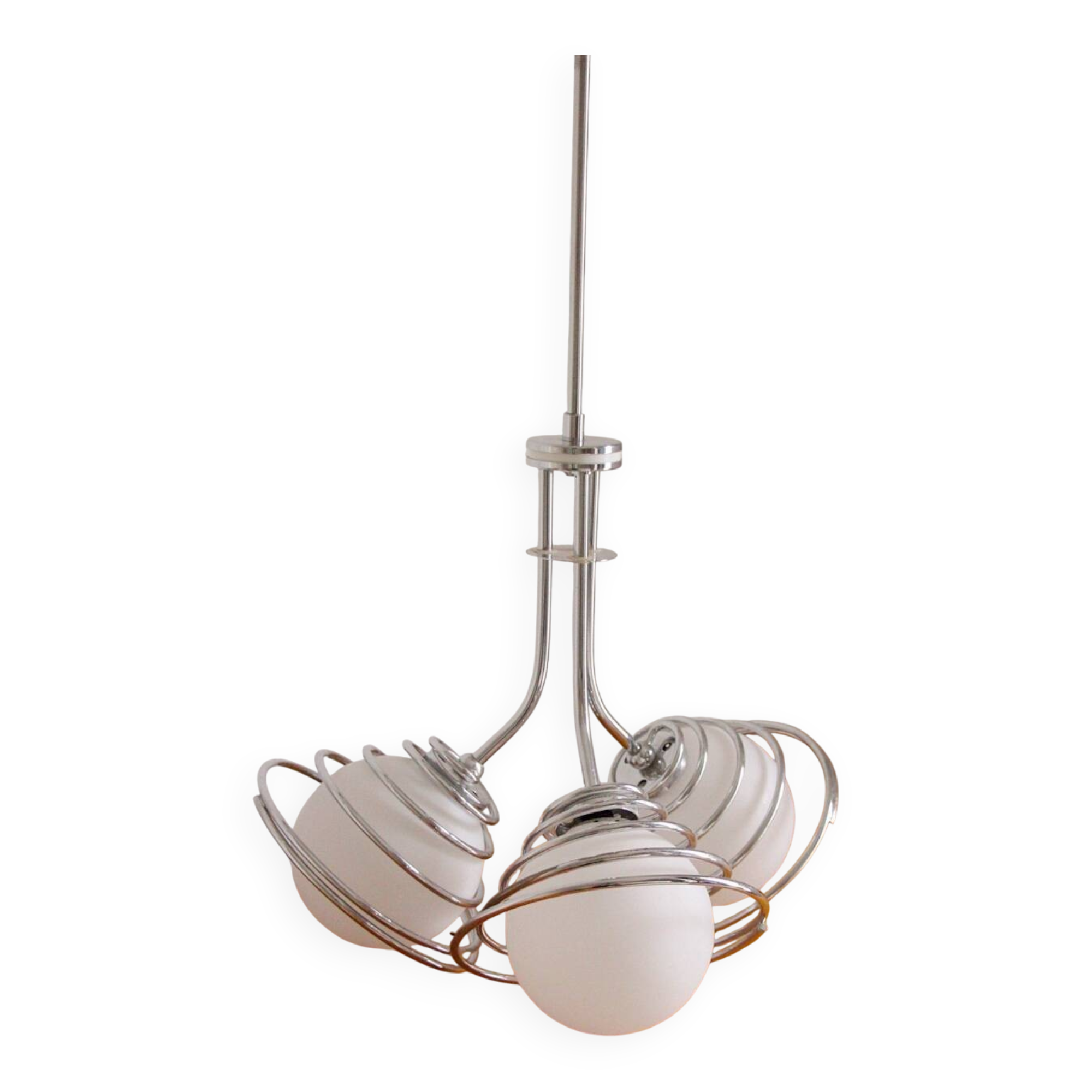 Suspension with 3 opaline and chrome globes, France, 1970.