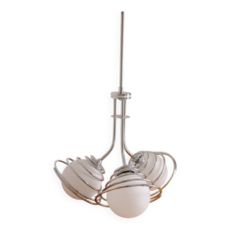 Suspension with 3 opaline and chrome globes, France, 1970.