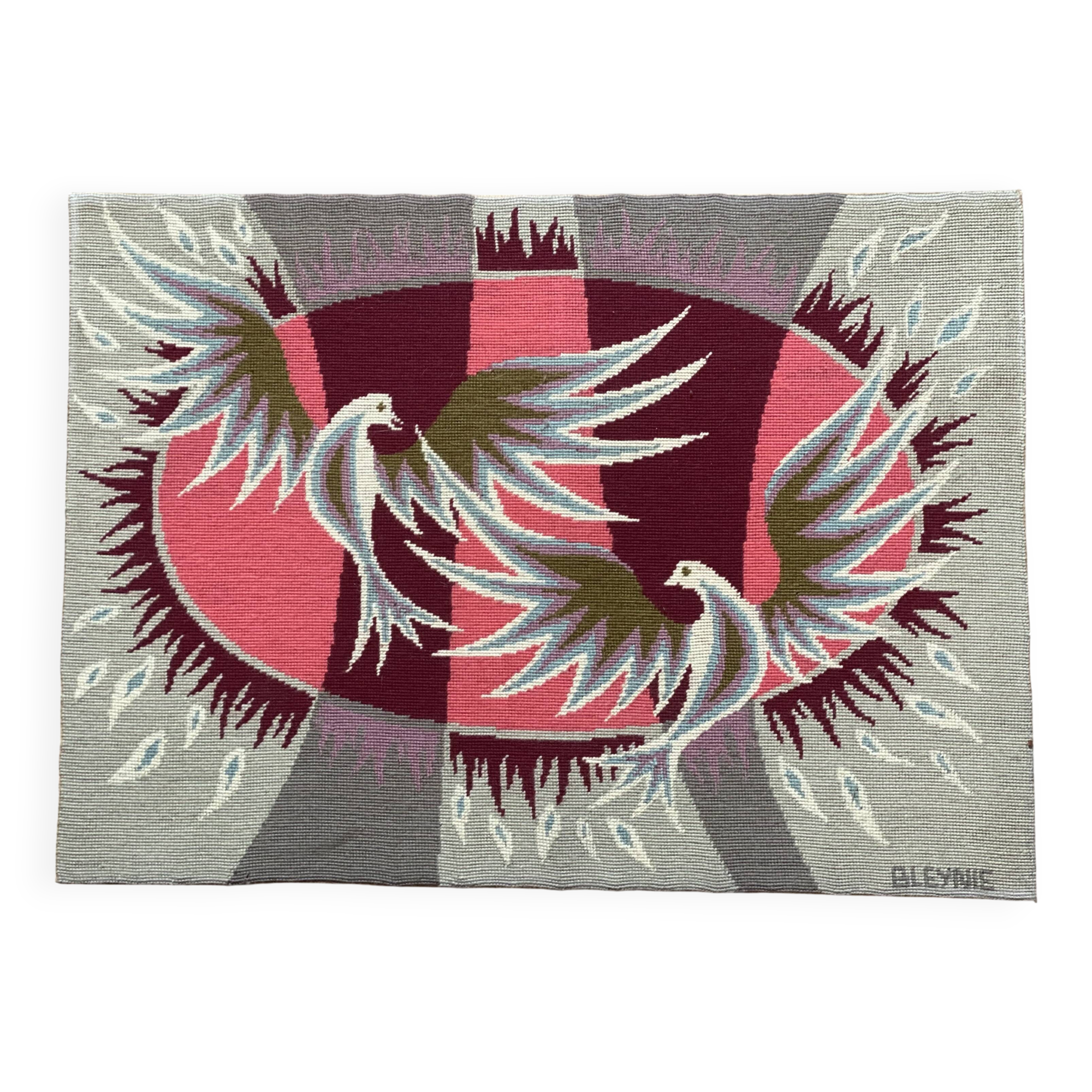 Vintage canvas 1970 signed Claude BLEYNIE, doves