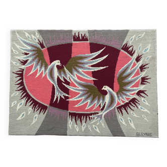 Vintage canvas 1970 signed Claude BLEYNIE, doves