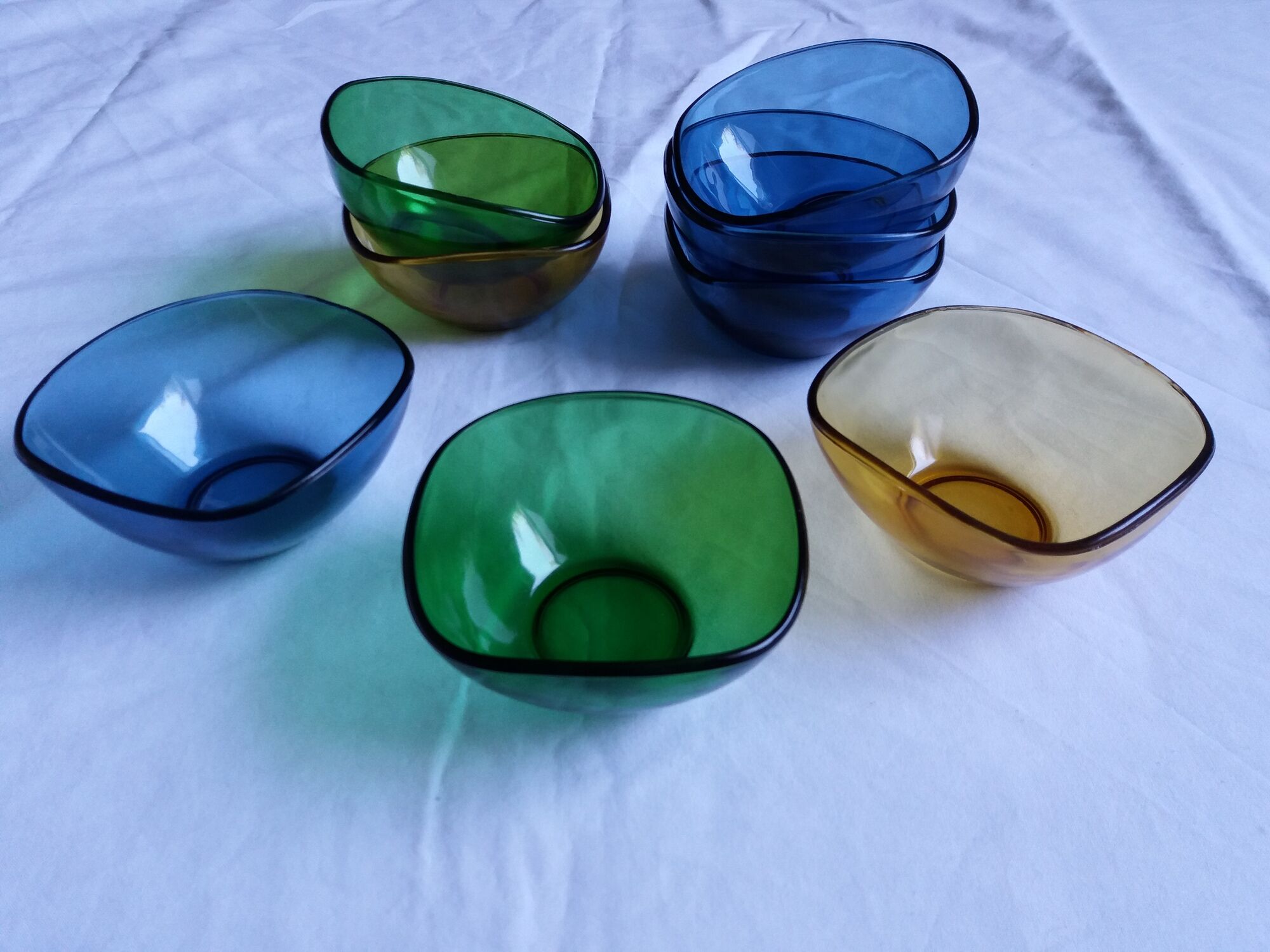Vereco amber, blue and green glass cups set of 8