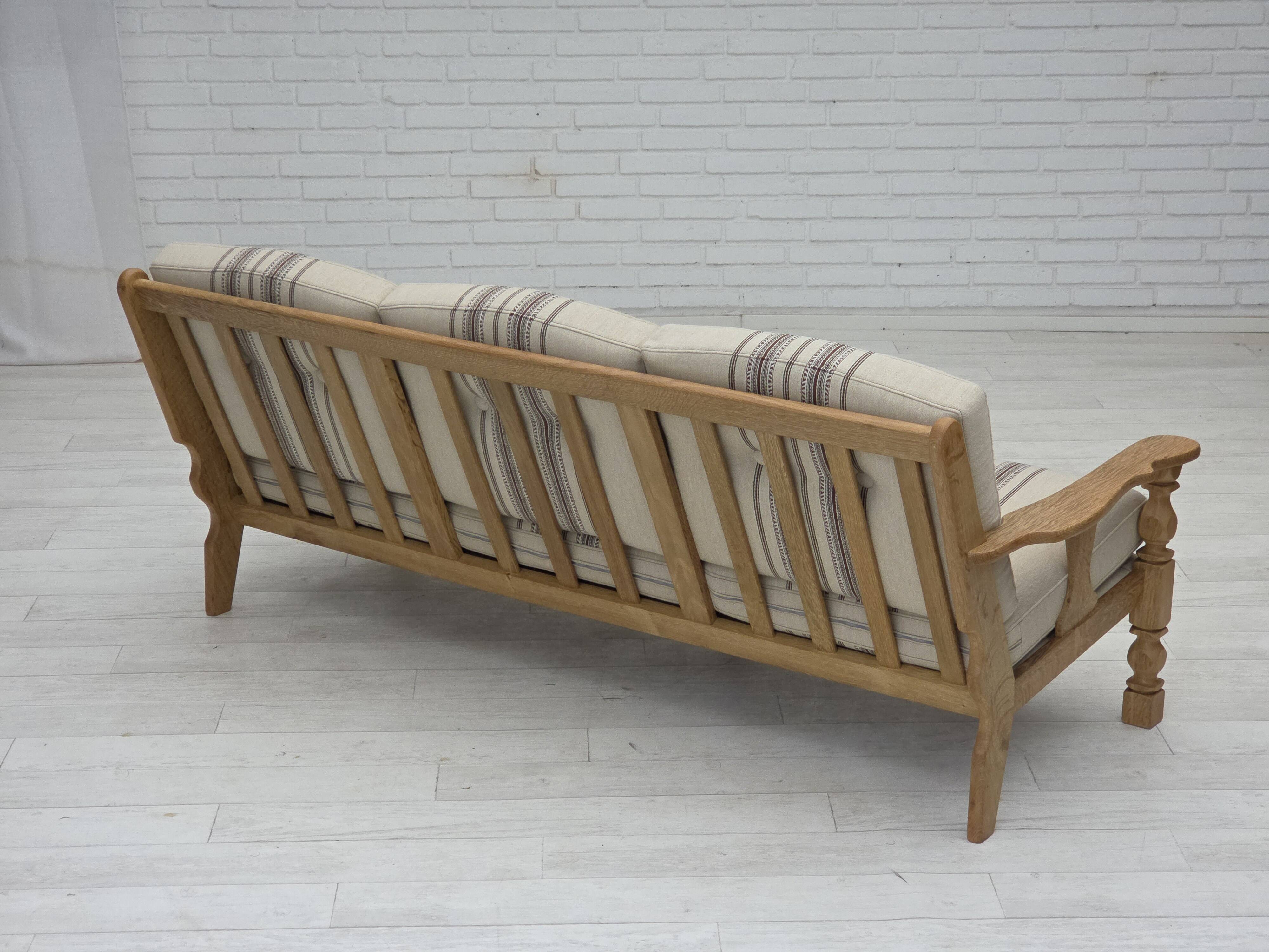 1970s, Danish 3-seater sofa, beige furniture wool, solid oak wood.