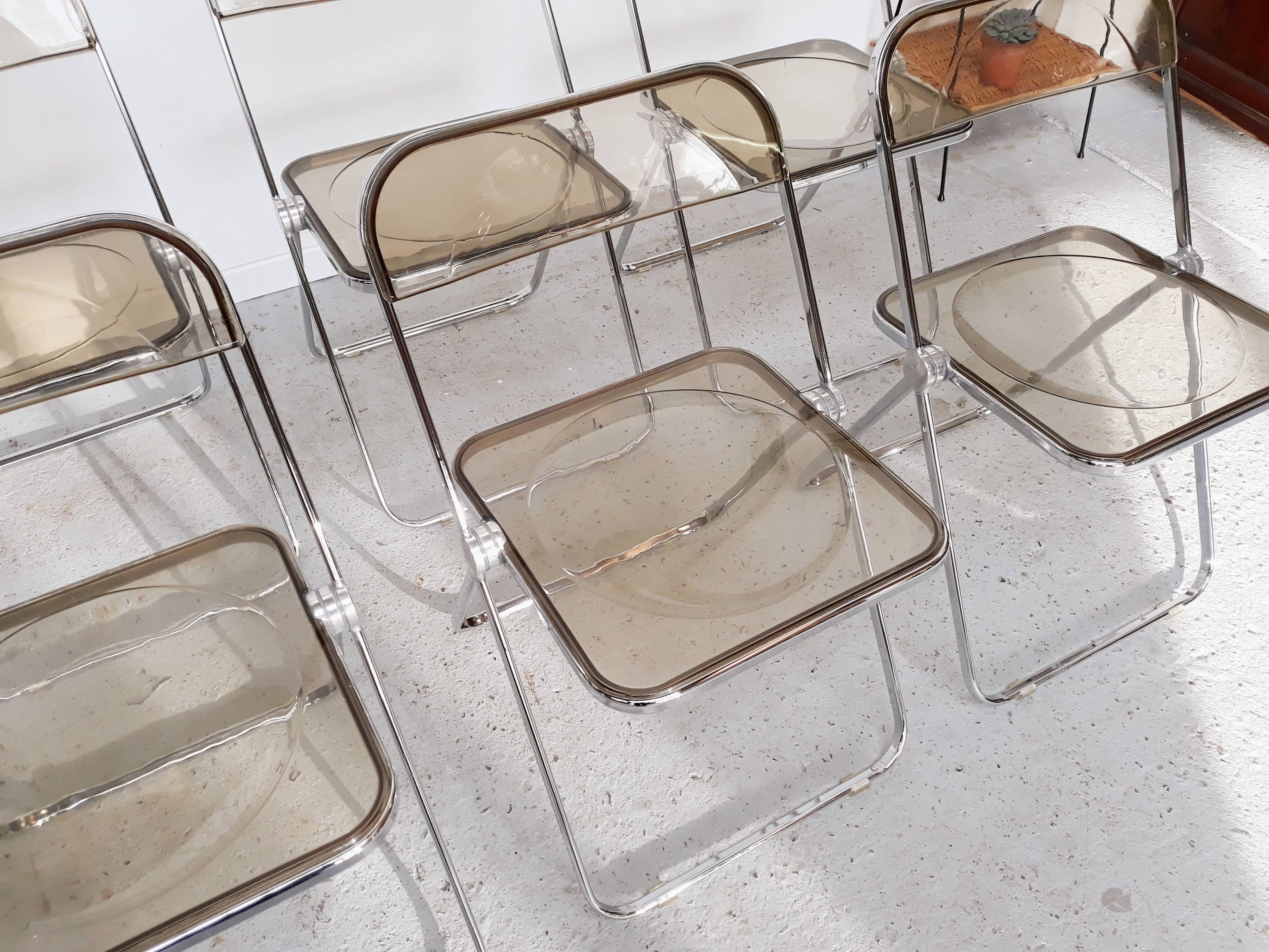 6 vintage Chairs Giancarlo Piretti "plia" 1970 chrome and Plexiglas