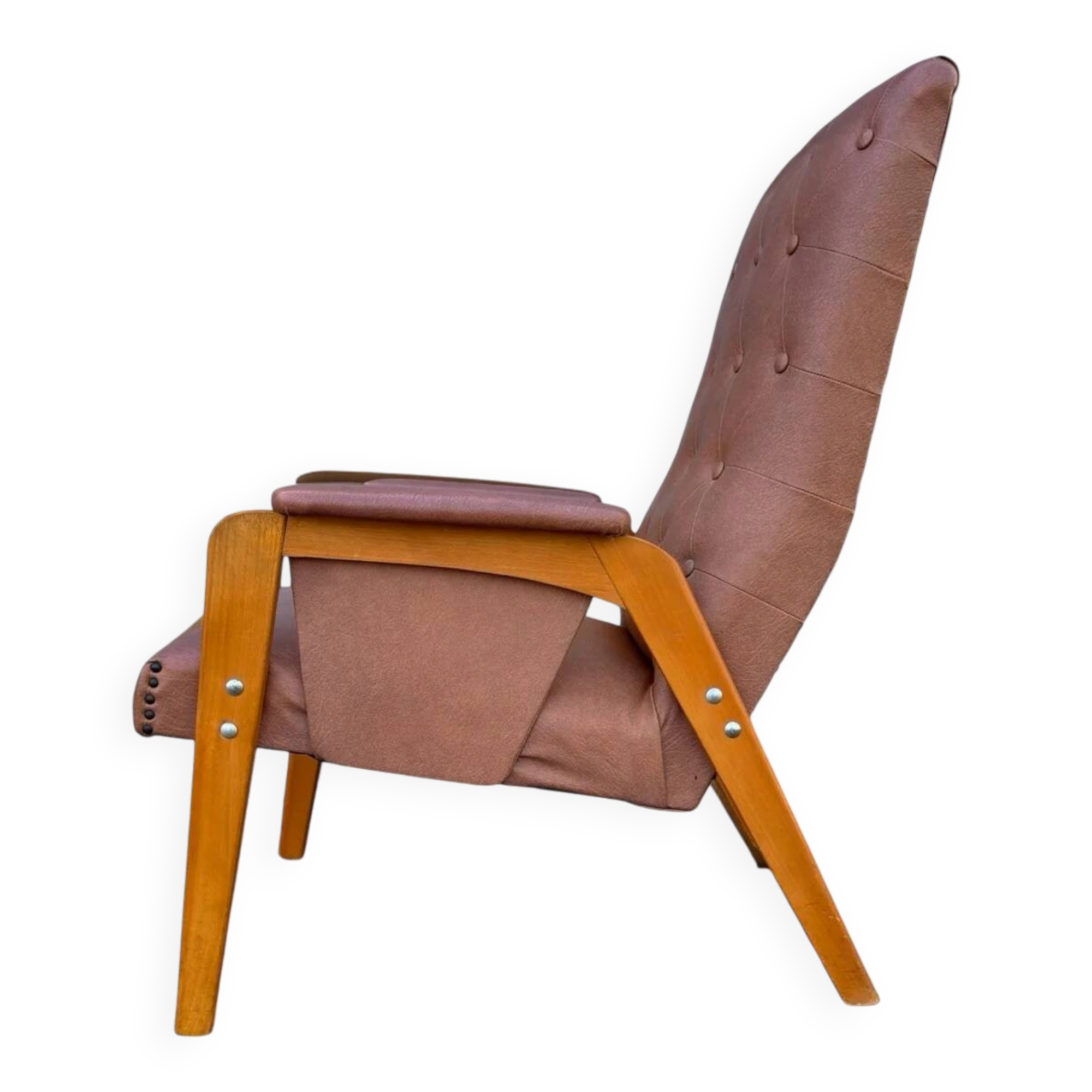Vintage armchair in light brown faux leather, 1960s.