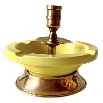 Large vintage candle holder-ashtray in brass and yellow glazed ceramic