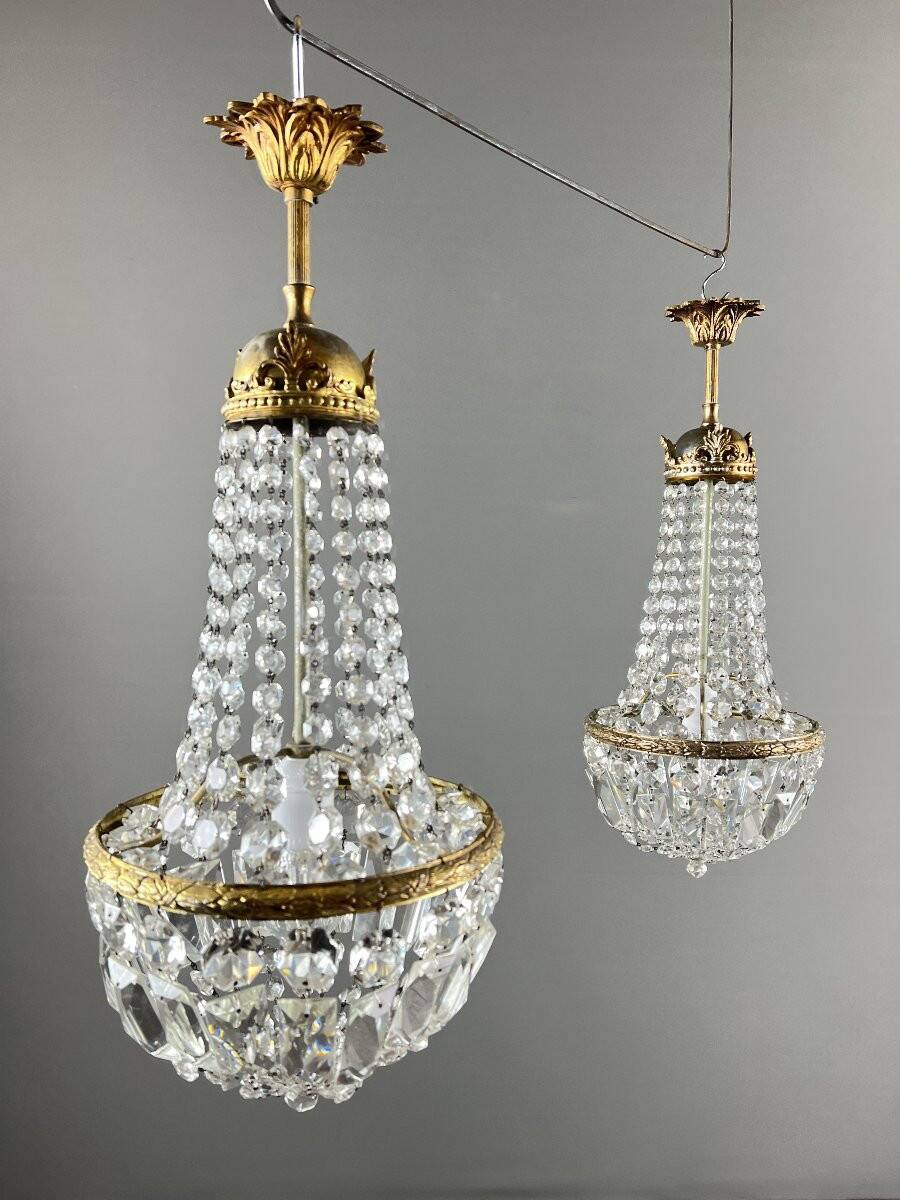 Pair of bronze and crystal chandelier pendants, late 19th century.
