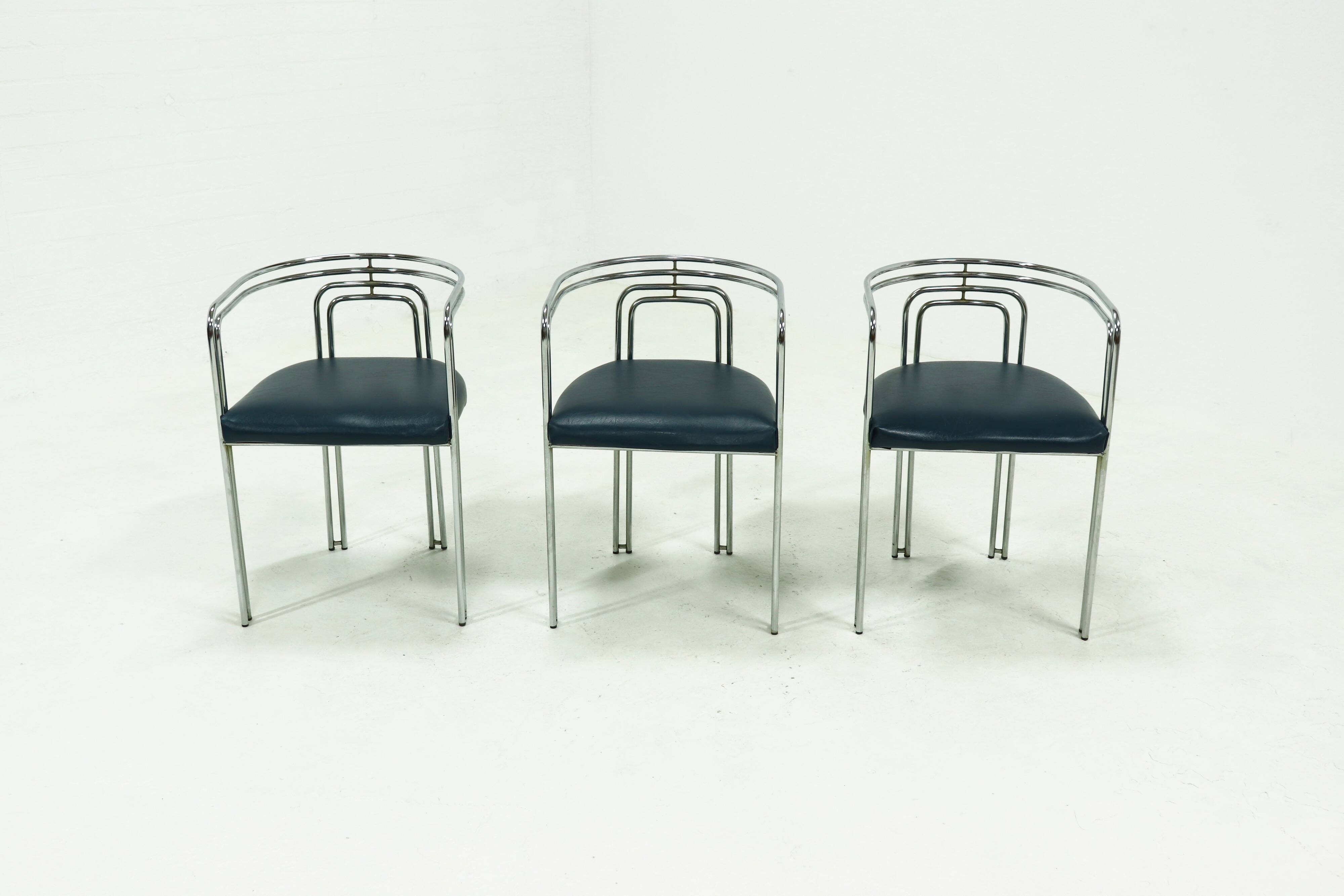 Set of 3 Chromed Steel Dining Chairs, France 1970s