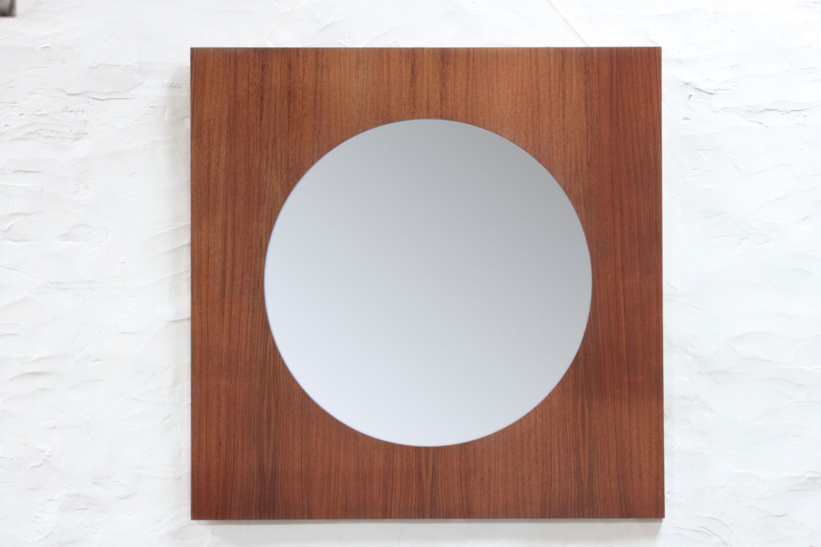 Large teak wooden mirror, round with a square frame, 1960s.