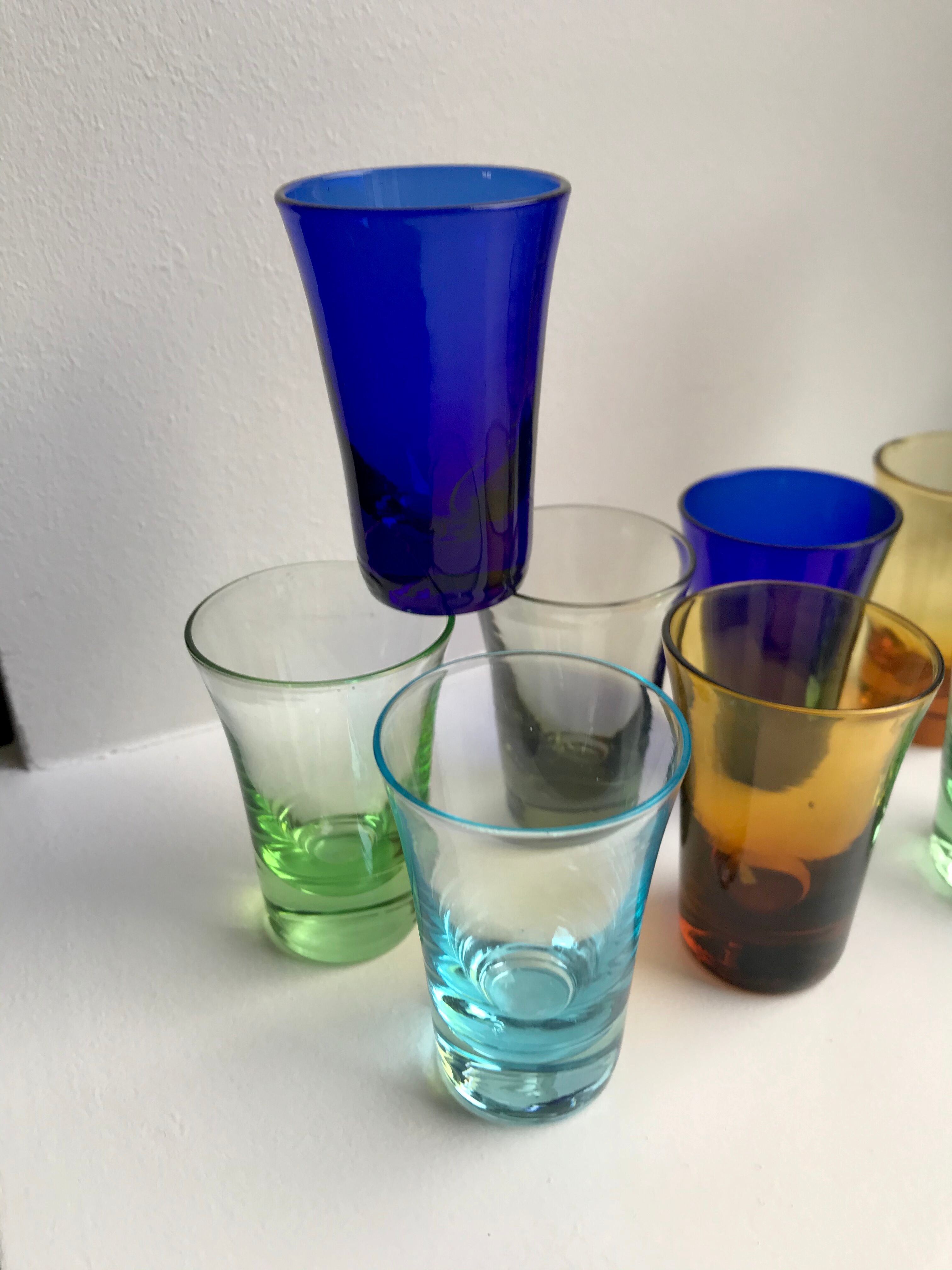Set of 11 colored glass shot glasses 70s