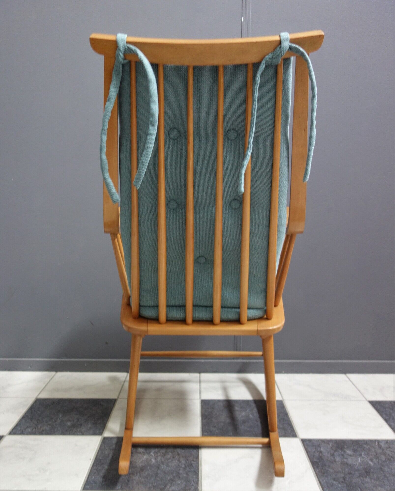 Mid century wooden rocking chair with blue upholstery  1960s